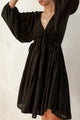 Oleander Black Stripe Smock Drawstring LS Dress