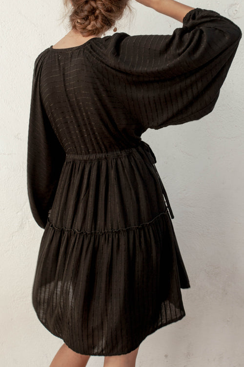 Oleander Black Stripe Smock Drawstring LS Dress WW Dress Bird + Kite   
