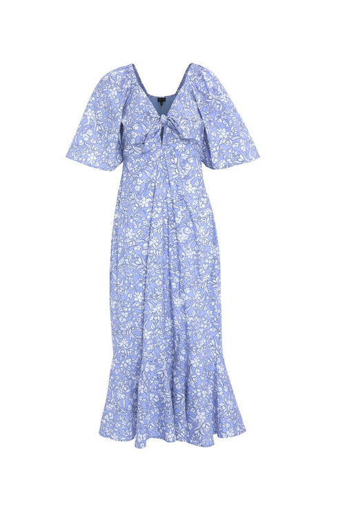 Innocent Cornflower Blue Baroque Floral Tie Front SS Maxi Dress WW Dress Among the Brave   