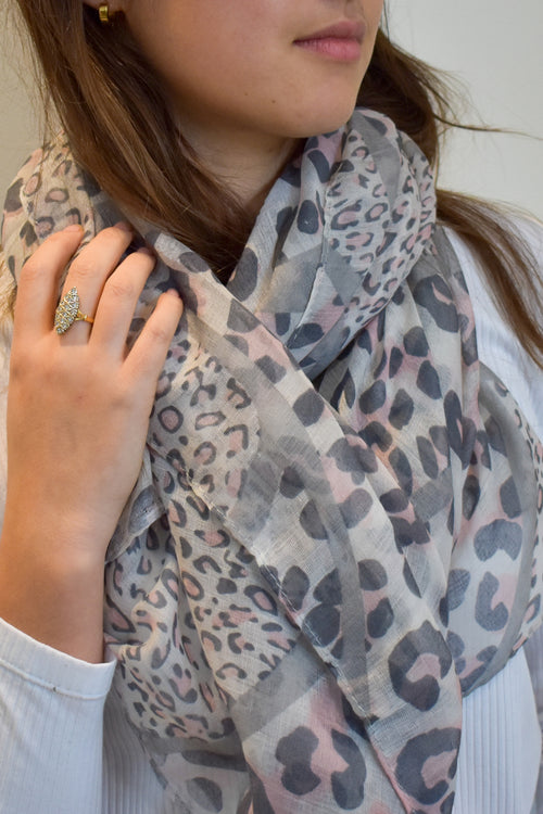 Grey Pink Leopard Print Scarf ACC Scarves Ivys   