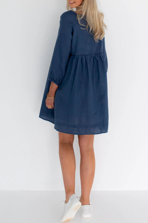 Jasmine LS Button Mini Navy Linen Dress WW Dress Humidity Lifestyle   
