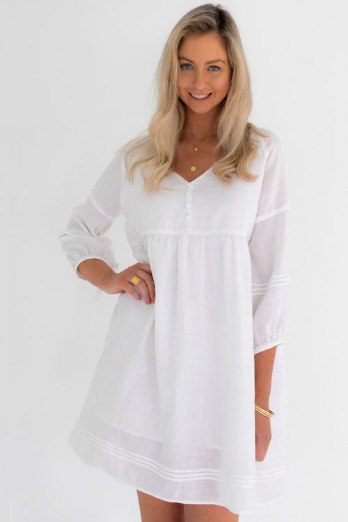Jasmine LS Button Mini White Linen Dress WW Dress Humidity Lifestyle   