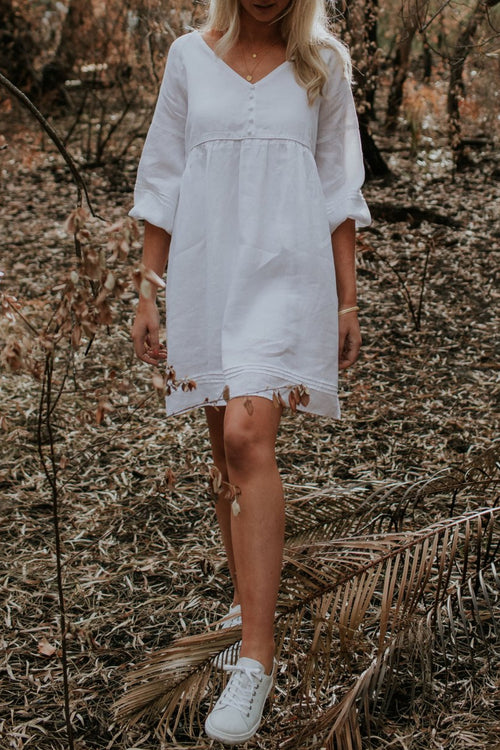 Jasmine LS Button Mini White Linen Dress WW Dress Humidity Lifestyle   