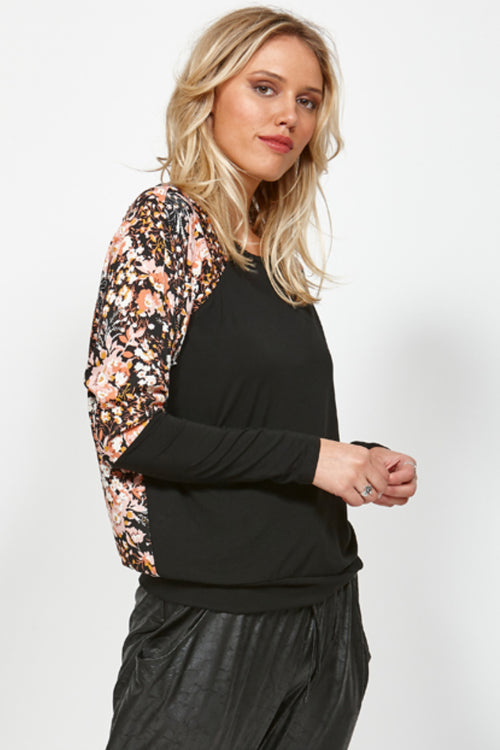 Blast Floral Sleeve Black Top WW Top Ketz-Ke   