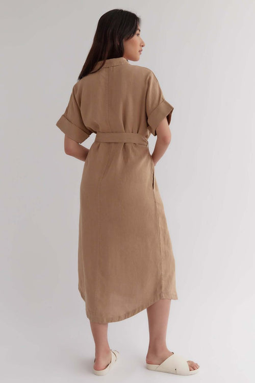 Kara Safari SS Camel Midi Linen Dress WW Dress Assembly Label   