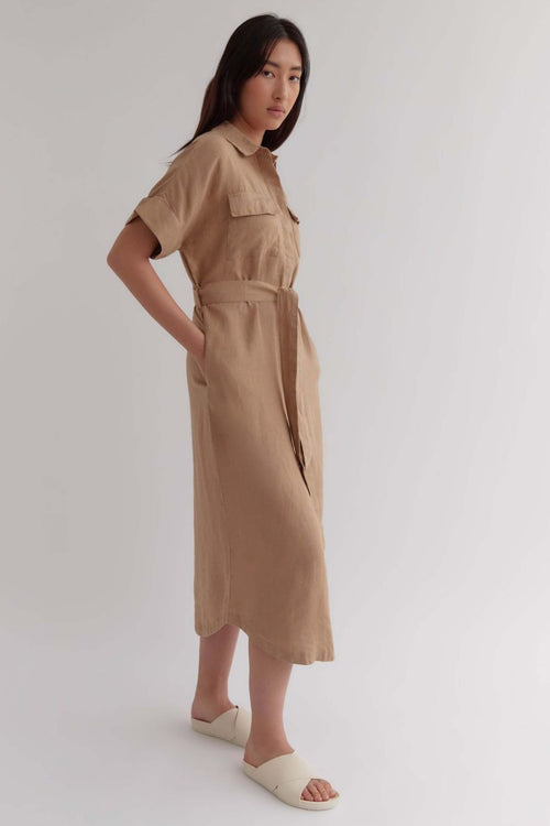 Kara Safari SS Camel Midi Linen Dress WW Dress Assembly Label   