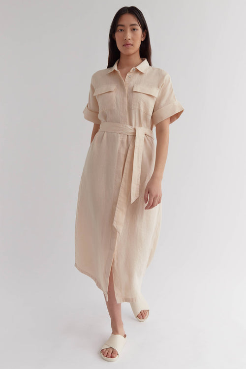 Kara Wheat Linen SS Shirt Dress WW Dress Assembly Label   