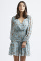 Sicillian LS Dusty Blue Floral Shirred Frill Hem Dress