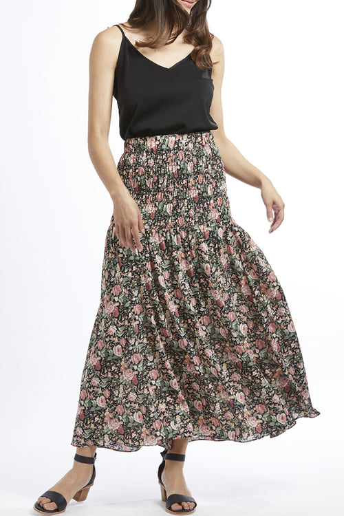 Passionate Black Floral Shirred Waist Maxi Skirt WW Skirt Leila + Luca   