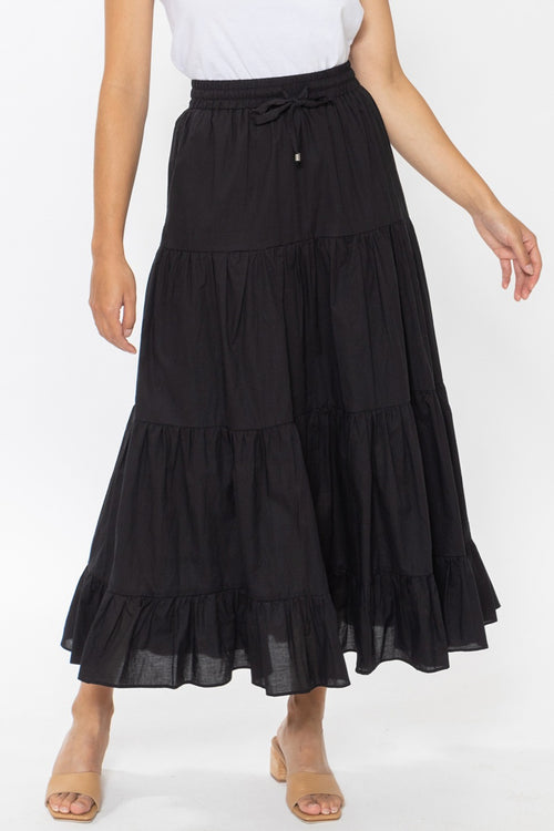 Happy Black Cotton Tiered Tie Waist Maxi Skirt WW Skirt Leila + Luca   