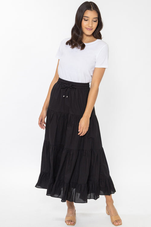 Happy Black Cotton Tiered Tie Waist Maxi Skirt WW Skirt Leila + Luca   