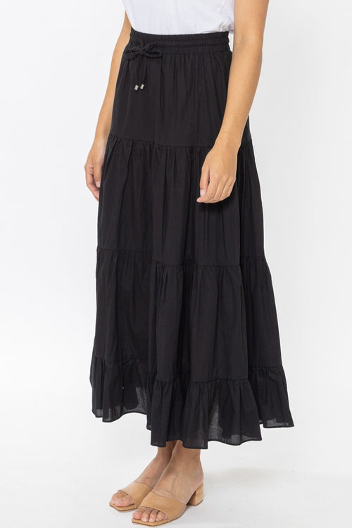 Happy Black Cotton Tiered Tie Waist Maxi Skirt WW Skirt Leila + Luca   