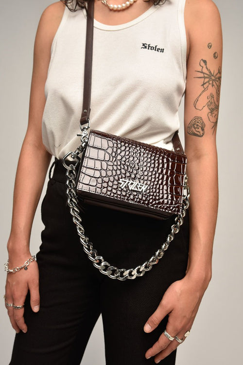 Little Trouble Auburn Croc Shoulder Bag with Silver Chain Hardware ACC Bags - All, incl Phone Bags Stolen Girlfriends Club   