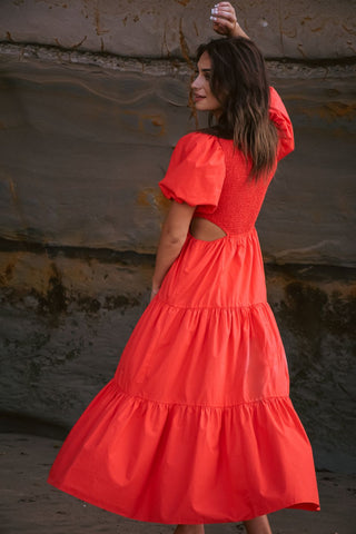 Milano Blood Orange Poplin Bubble Shirred Bodice Waist Cut Out Tiered Maxi Dress WW Dress Ivy + Jack   