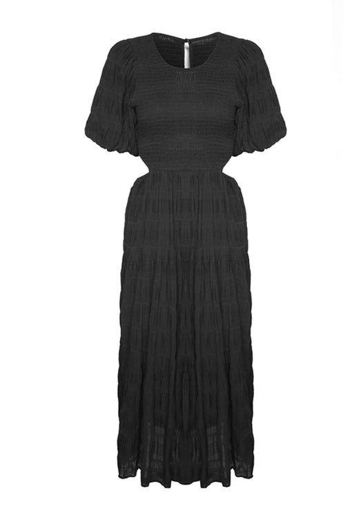 Milano Shirred Cotton Black Puff SS Cut Out Waist Tiered Maxi Dres WW Dress Ivy + Jack   
