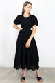 Milano Shirred Cotton Black Puff SS Cut Out Waist Tiered Maxi Dres