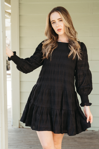 Millie Black Shirred Cotton LS Tiered Mini Dress WW Dress Ivy + Jack   