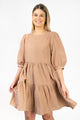 Anytime Caramel Tie Back SS Puff Sleeve Tiered Mini Dress
