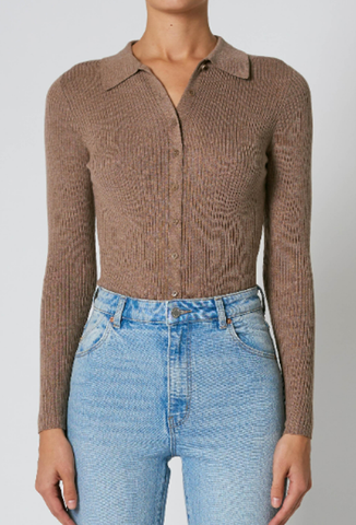 Caroline Brown Collared LS Knit Top WW Top Rollas   