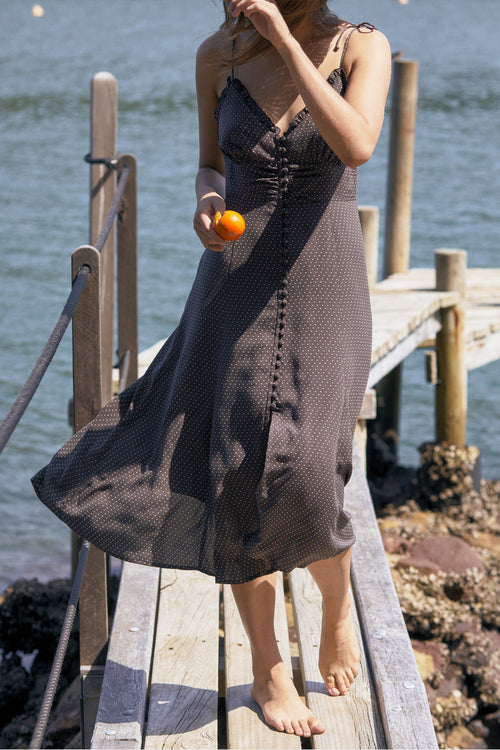 Pippi Juliette Strappy Charcoal Spot Midi Dress WW Dress Auguste The Label   