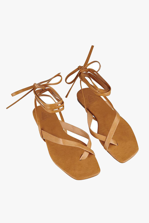 Stormy Tan Vegan Leather Strappy Lace Up Sandal General St Sana   