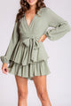 Textured Soft Green LS Ruffle and Bow Playsuit