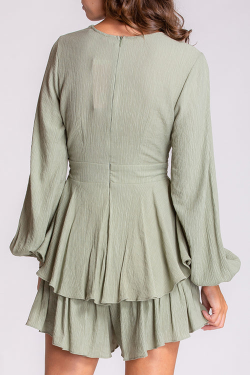 Textured Soft Green LS Ruffle and Bow Playsuit WW Jumpsuit Style State   