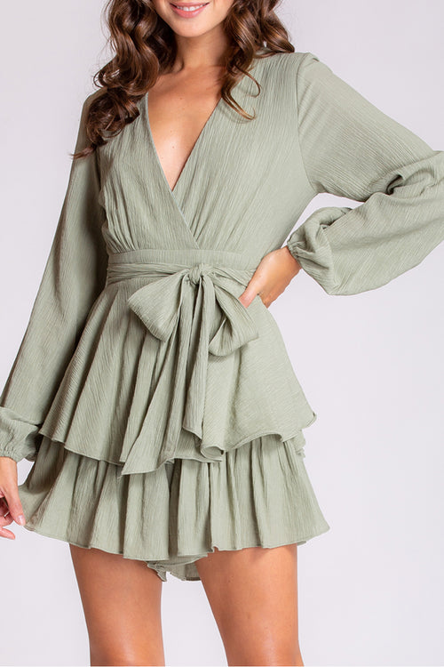 Textured Soft Green LS Ruffle and Bow Playsuit WW Jumpsuit Style State   
