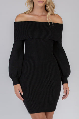 Off Shoulder Bubble Sleeve Black Knit Dress WW Dress Style State   