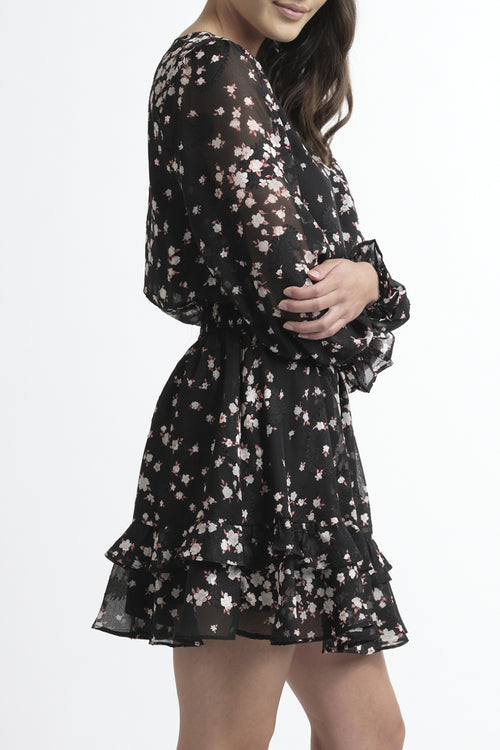 Florida LS Black Floral Shirred Waist Dress WW Dress Seeking Lola   