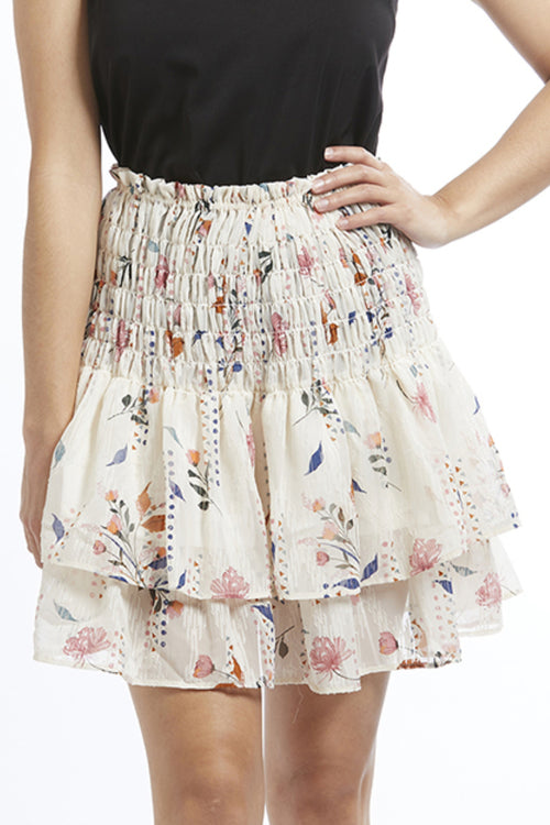 Carried Away Ivory Geo Floral Shirred Linen Frill Mini Skirt WW Skirt Seeking Lola   