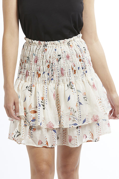 Carried Away Ivory Geo Floral Shirred Linen Frill Mini Skirt WW Skirt Seeking Lola   