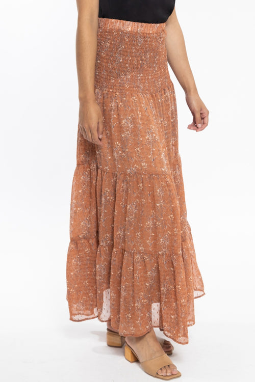 Creative Cinnamon Floral Dobby Shirred Waist Tiered Maxi Skirt WW Skirt Seeking Lola   