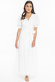 Willow White Textured Cotton Puff Sleeve Wrap Midi Dress