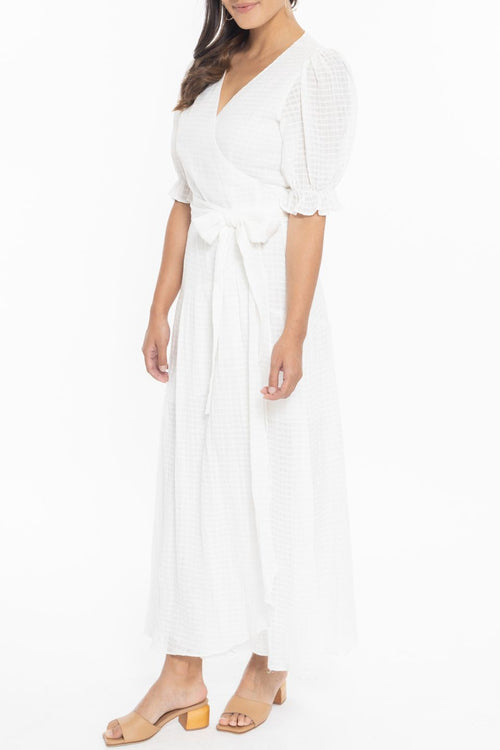 Willow White Textured Cotton Puff Sleeve Wrap Midi Dress WW Dress Seeking Lola   