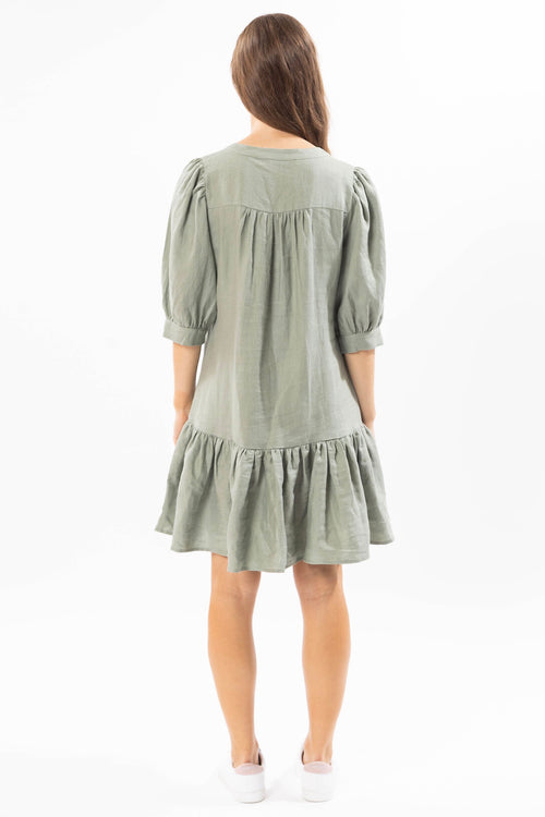 Fun Loving Sea Green Linen Buttoned Neck Puff SS Frill Hem Dress WW Dress Seeking Lola   