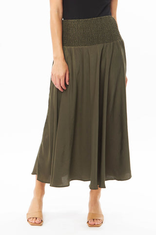 Dazzling Khaki Satin Shirred Waist Maxi Skirt WW Skirt Seeking Lola   