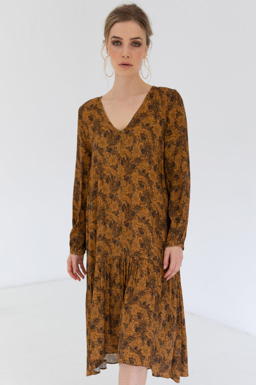 Sienna Drop Frill Midi LS Gold Print Dress WW Dress Staple + Cloth   