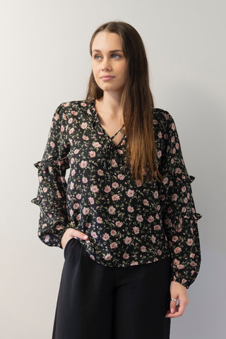 Happily Ever After Black + Pink Rose Frill LS Top WW Top Seeking Lola   