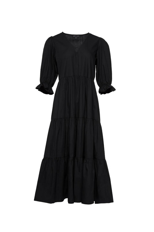 True Love Black Cotton V Neck SS Puff Sleeve Tiered Maxi Dress WW Dress Among the Brave   