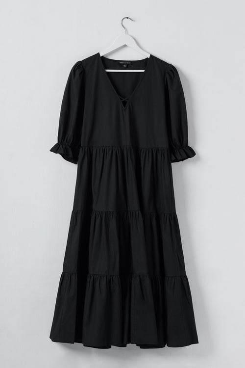 True Love Black Cotton V Neck SS Puff Sleeve Tiered Maxi Dress WW Dress Among the Brave   