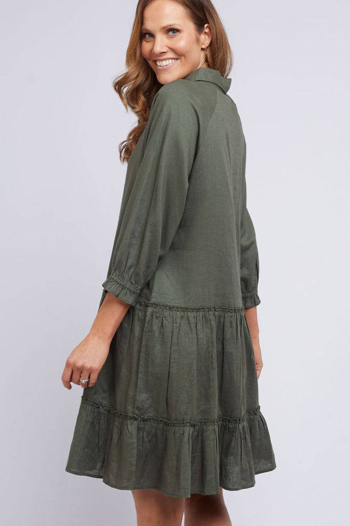 Shop Tulip Button Front Khaki Tiered Mid Dress Online | Flo & Fran