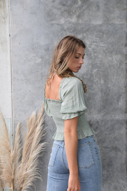 Turn It Up Sage Shirred Puff Sleeve Crop Top WW Top Among the Brave   
