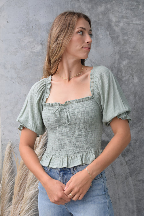 Turn It Up Sage Shirred Puff Sleeve Crop Top WW Top Among the Brave   