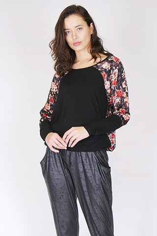 Impeccable Red Rose Sleeve Black Top WW Top Ketz-Ke   