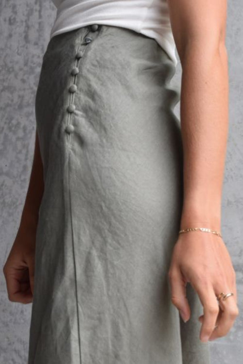 Utopia Bias Khaki Linen Midi Skirt with Self Buttons WW Skirt Among the Brave   