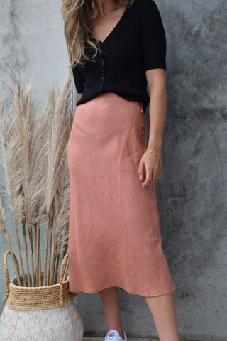 Utopia Bias Brick Linen Midi Skirt with Self Buttons WW Skirt Among the Brave   