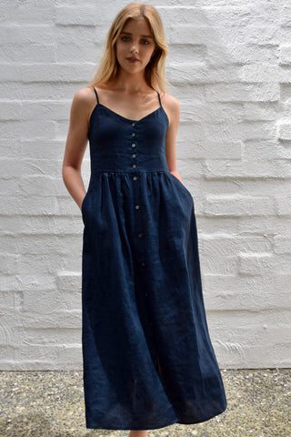 Visionary Navy Strappy Button Front Linen Midi Dress WW Dress Among the Brave   