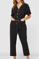 Tori SS Button Up Linen Blend Black Jumpsuit