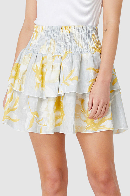 Lola Shirred Ruffle Grey with Yellow Floral Mini Skirt WW Skirt Elwood   